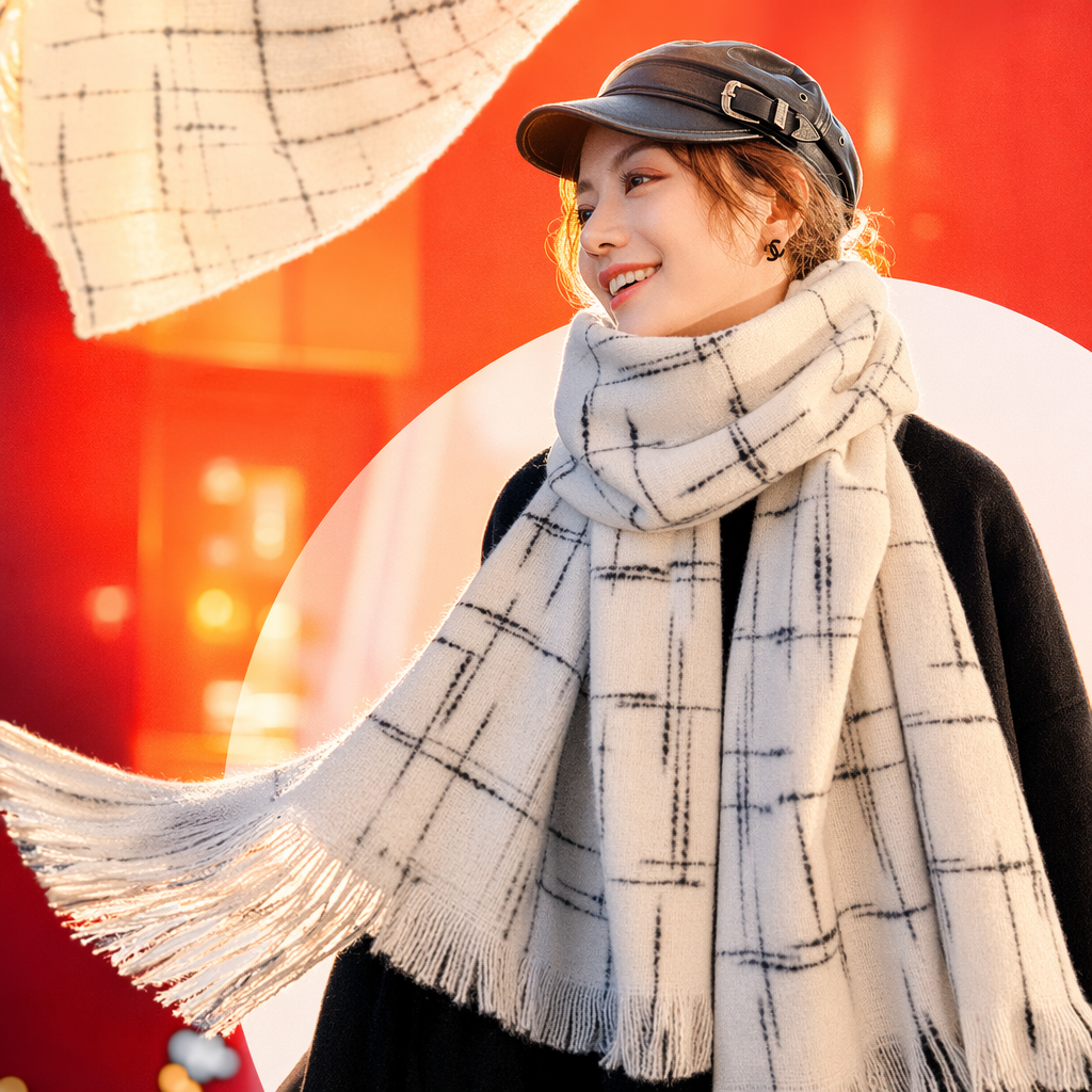Beige checkered tassel scarf, a warm autumn and winter pure cotton knitted women's accessory Specification image