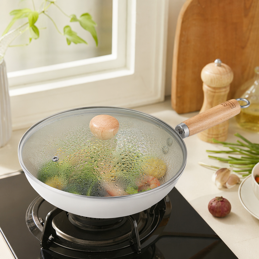 Transparent glass lid wok, non-stick wok, household gas stove, induction cooker, universal details Picture