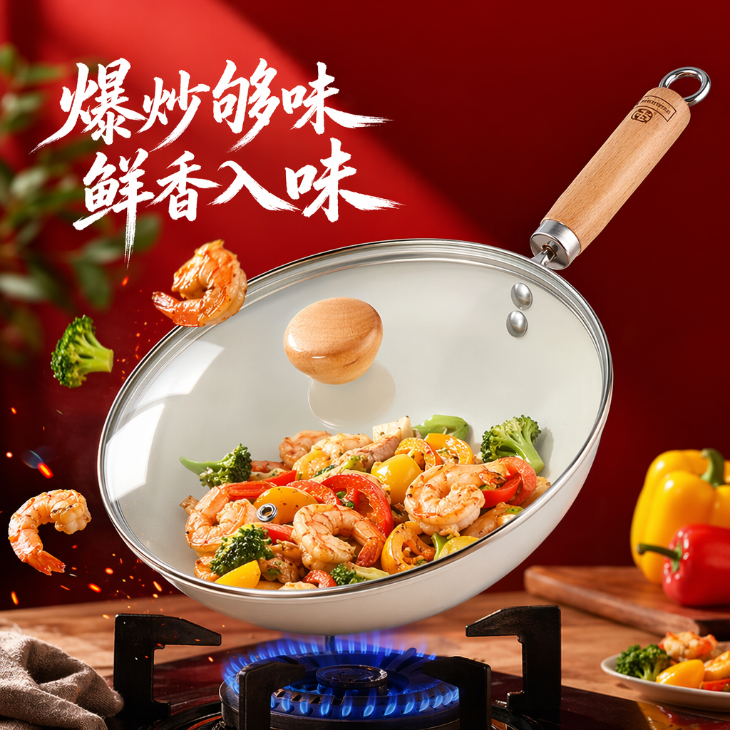 Transparent glass lid wok, non-stick wok, household gas stove, induction cooker, universal Specification image
