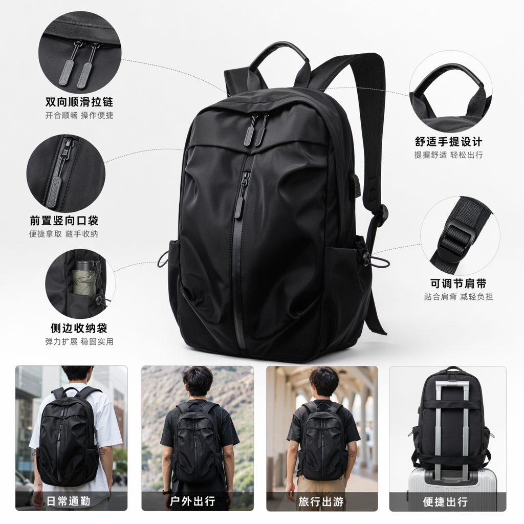 Black simple business casual backpack, a large-capacity lightweight travel bag suitable for both men and women