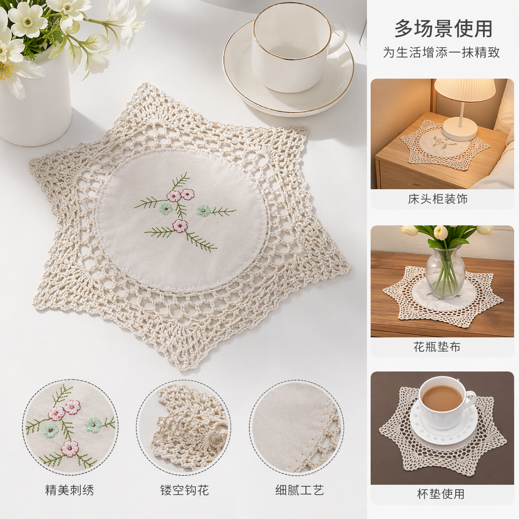 白色手工钩针星形垫 中央绣粉绿小花图案