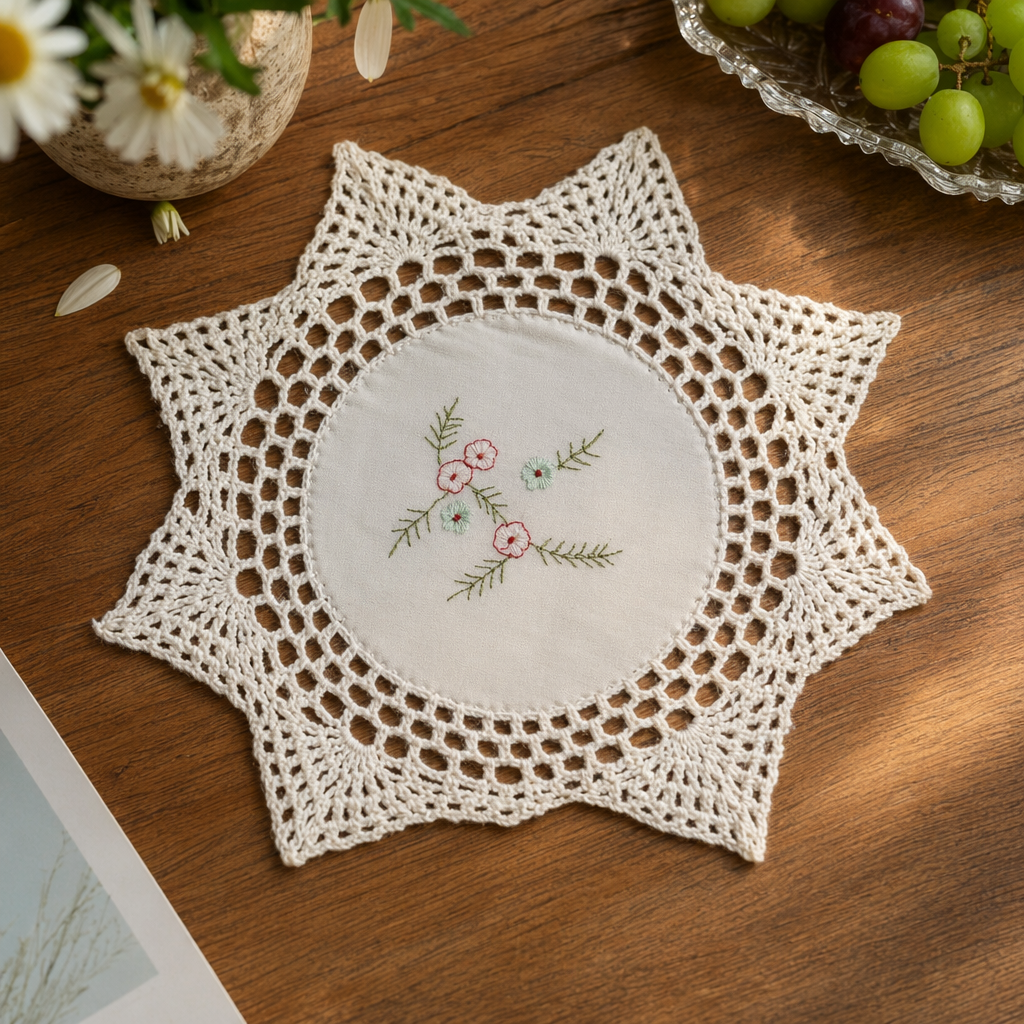 The center of the white hand-crochet star-shaped pad is embroidered with a pinkish-green small flower pattern details Picture
