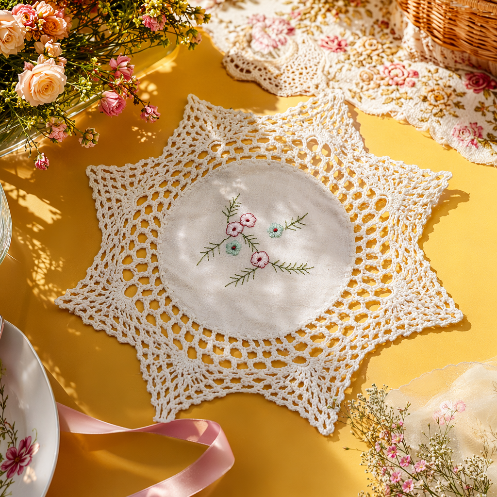The center of the white hand-crochet star-shaped pad is embroidered with a pinkish-green small flower pattern Specification image