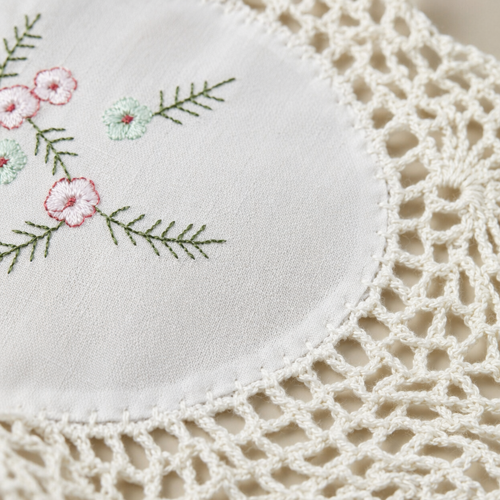 The center of the white hand-crochet star-shaped pad is embroidered with a pinkish-green small flower pattern Application Scenario