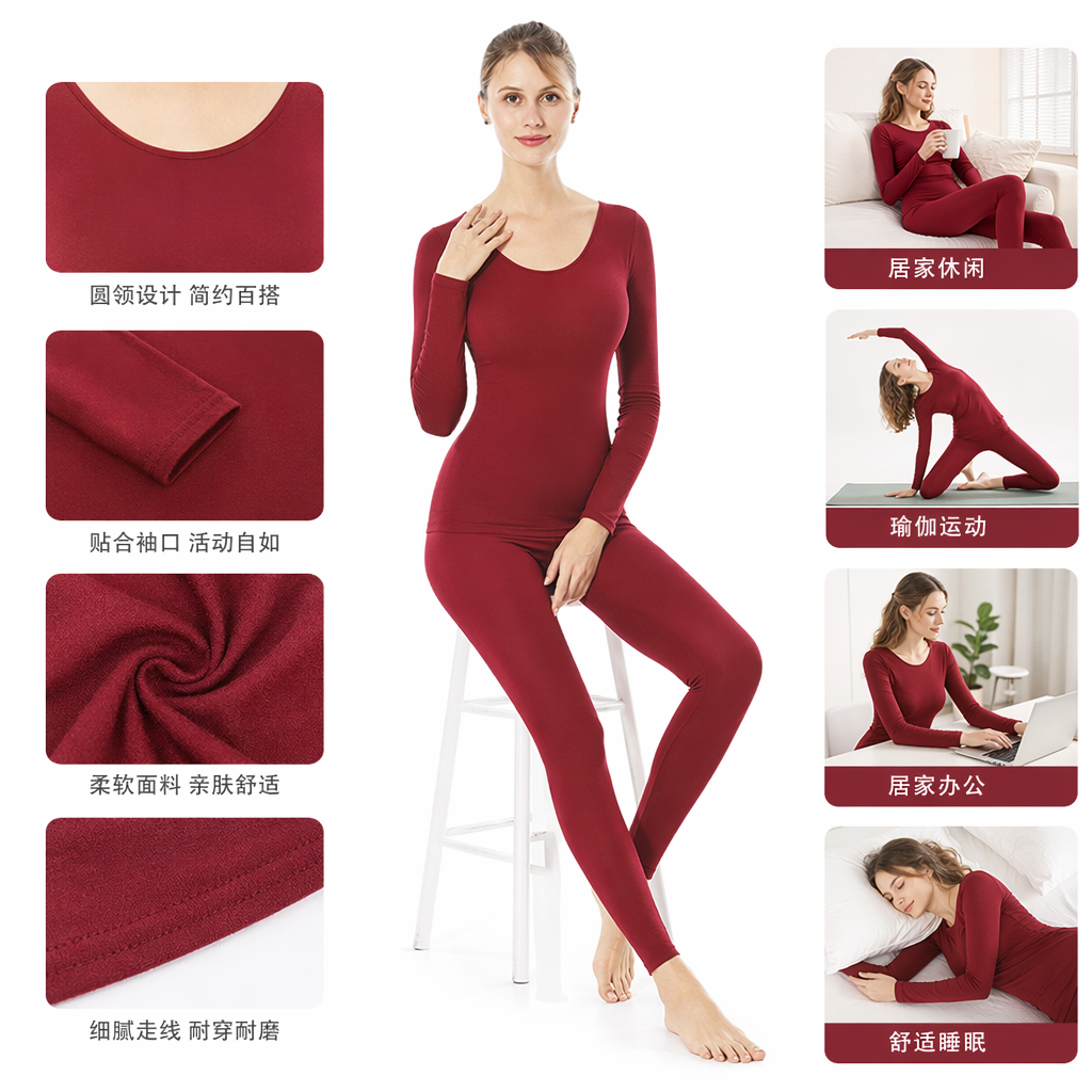A women's warm suit with a red long-sleeved top and tight pants