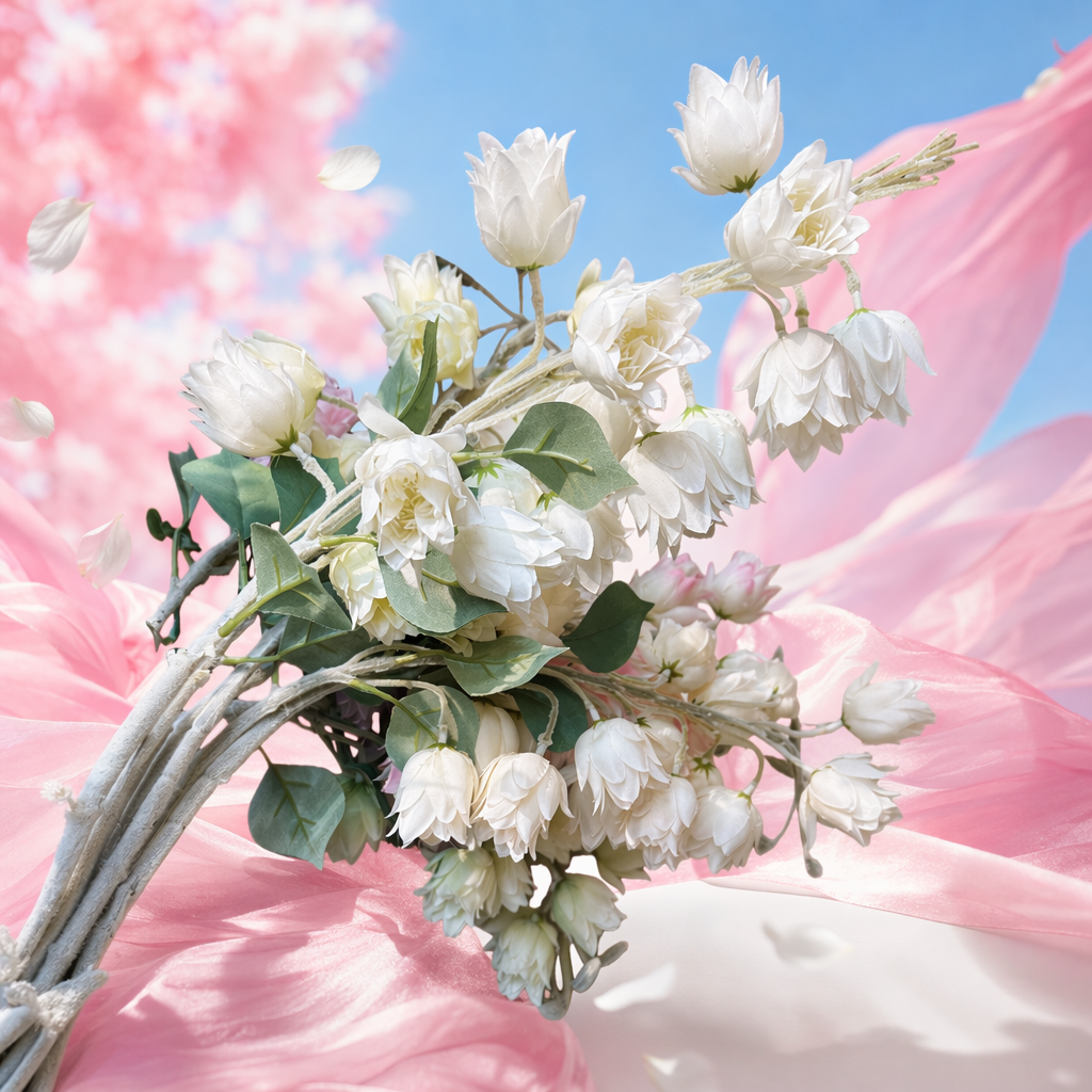 White artificial flower bouquets are decorative items for living rooms and bedrooms, as well as background floral arrangements for wedding photos Specification image
