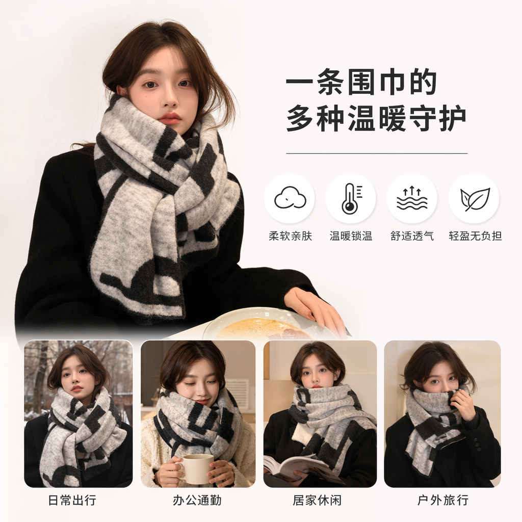 This grey and black checkered women's scarf is warm in autumn and winter, made of pure cotton, simple and versatile