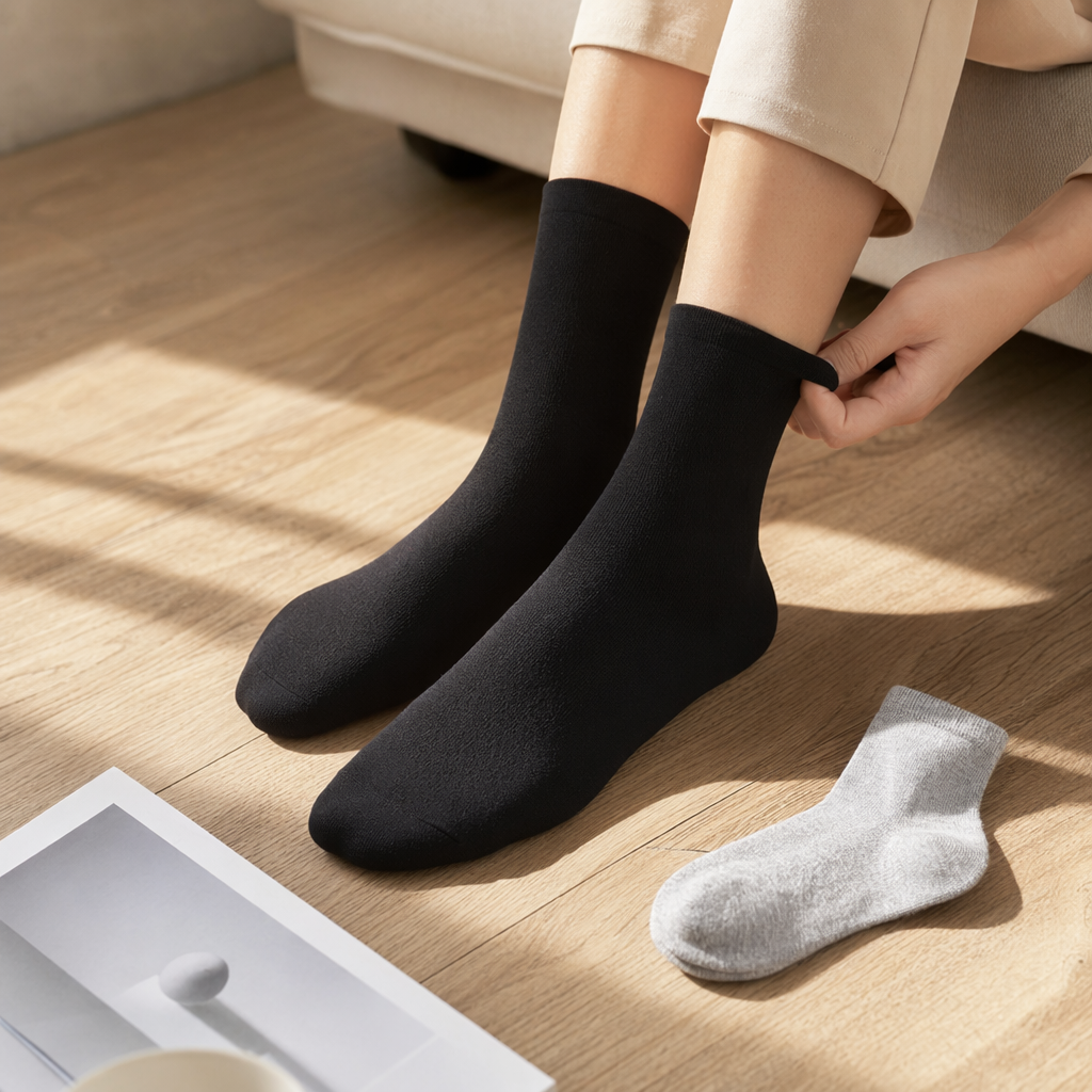 Black mid-calf socks made of pure cotton, sweat-absorbing and breathable, are a versatile choice for women's daily wear details Picture