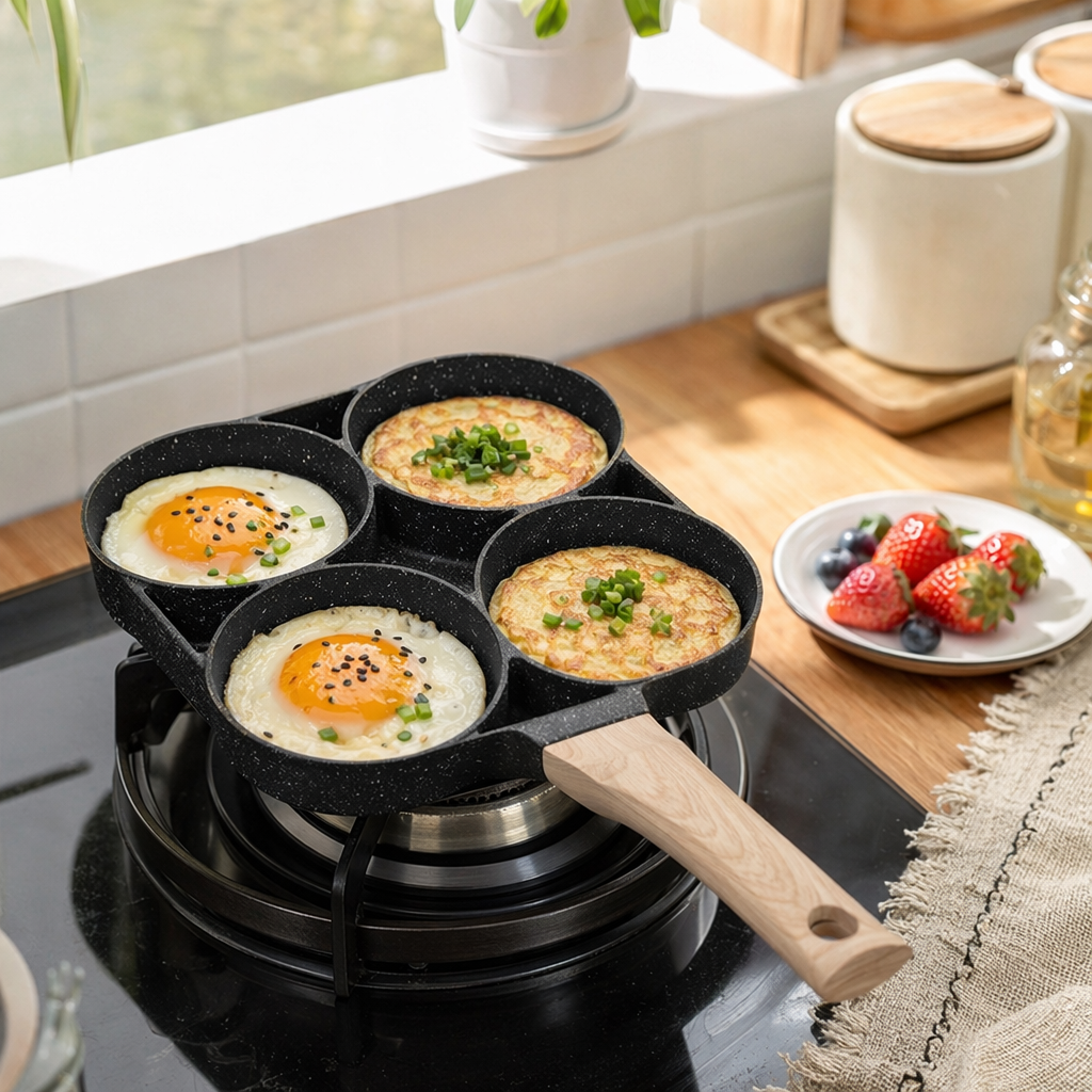 Black four-hole frying pan with wooden handle, household non-stick egg frying pan, kitchen cookware details Picture