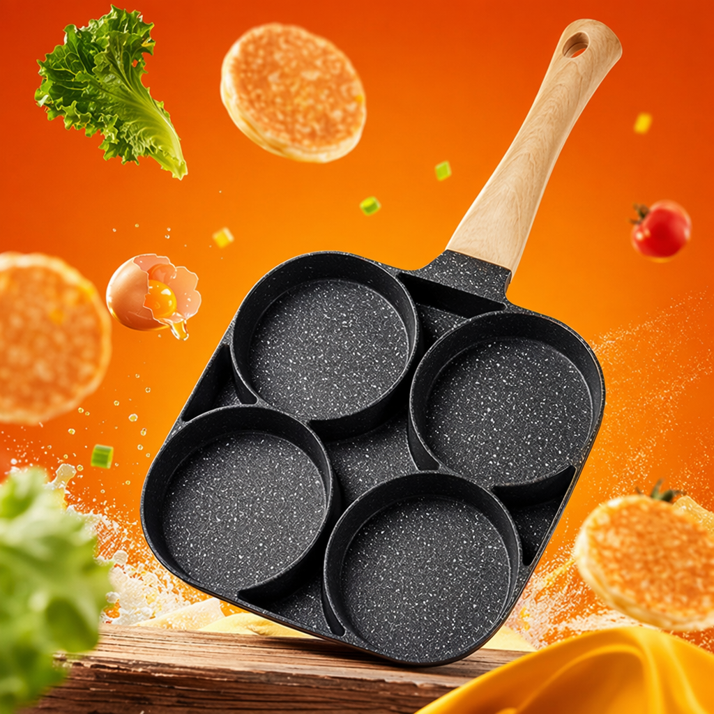 Black four-hole frying pan with wooden handle, household non-stick egg frying pan, kitchen cookware Specification image