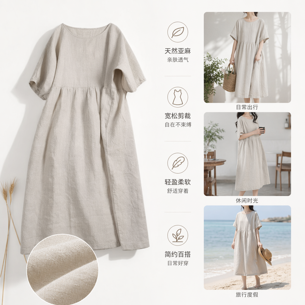 米色亚麻连衣裙女春夏宽松垂感显瘦文艺风