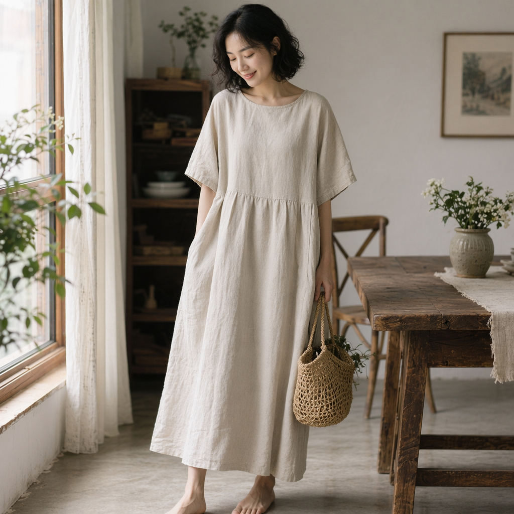 The beige linen dress for women in spring and summer is loose and drape, creating a slimming and artistic style details Picture