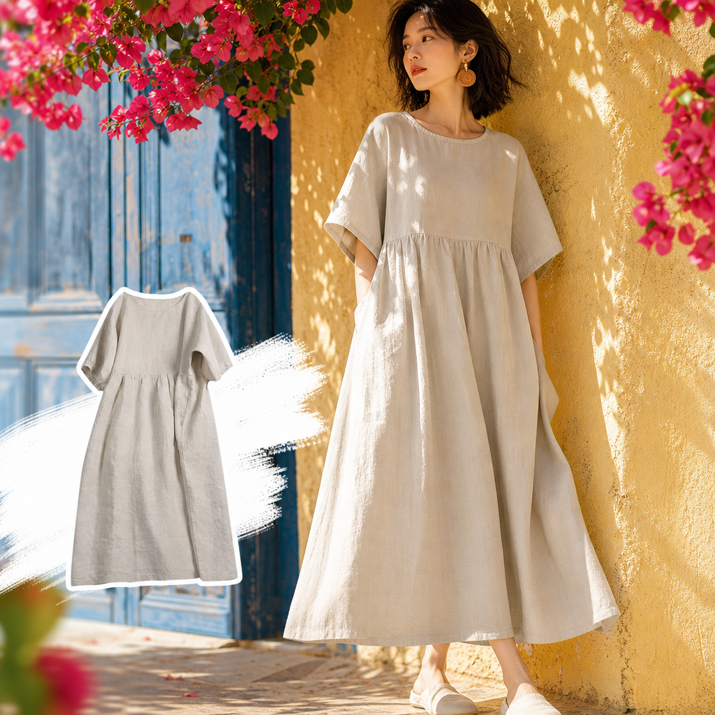 The beige linen dress for women in spring and summer is loose and drape, creating a slimming and artistic style Specification image
