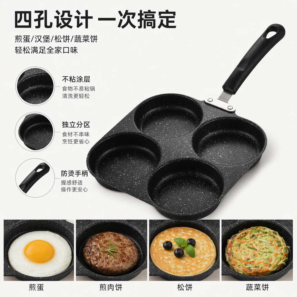 Black four-hole frying pan, non-stick pan, household multi-functional frying and baking pan