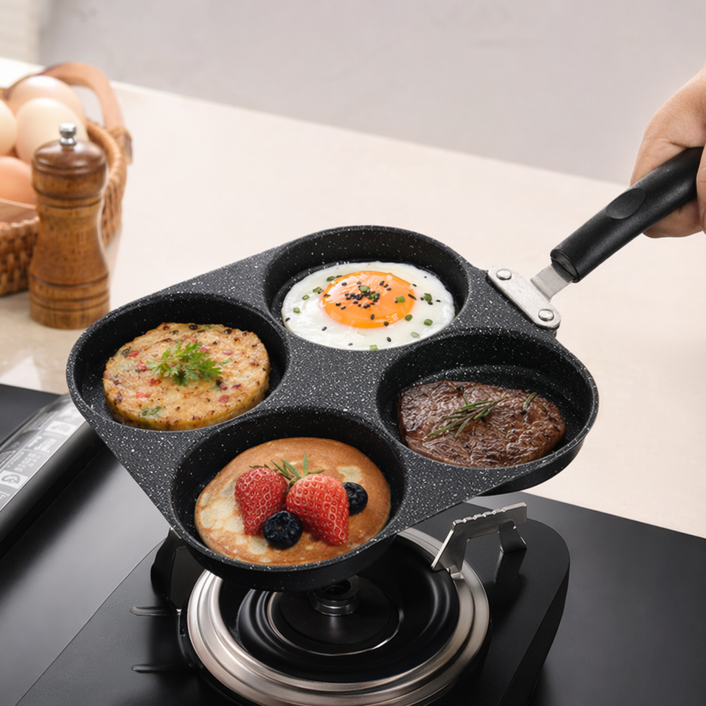 Black four-hole frying pan, non-stick pan, household multi-functional frying and baking pan details Picture
