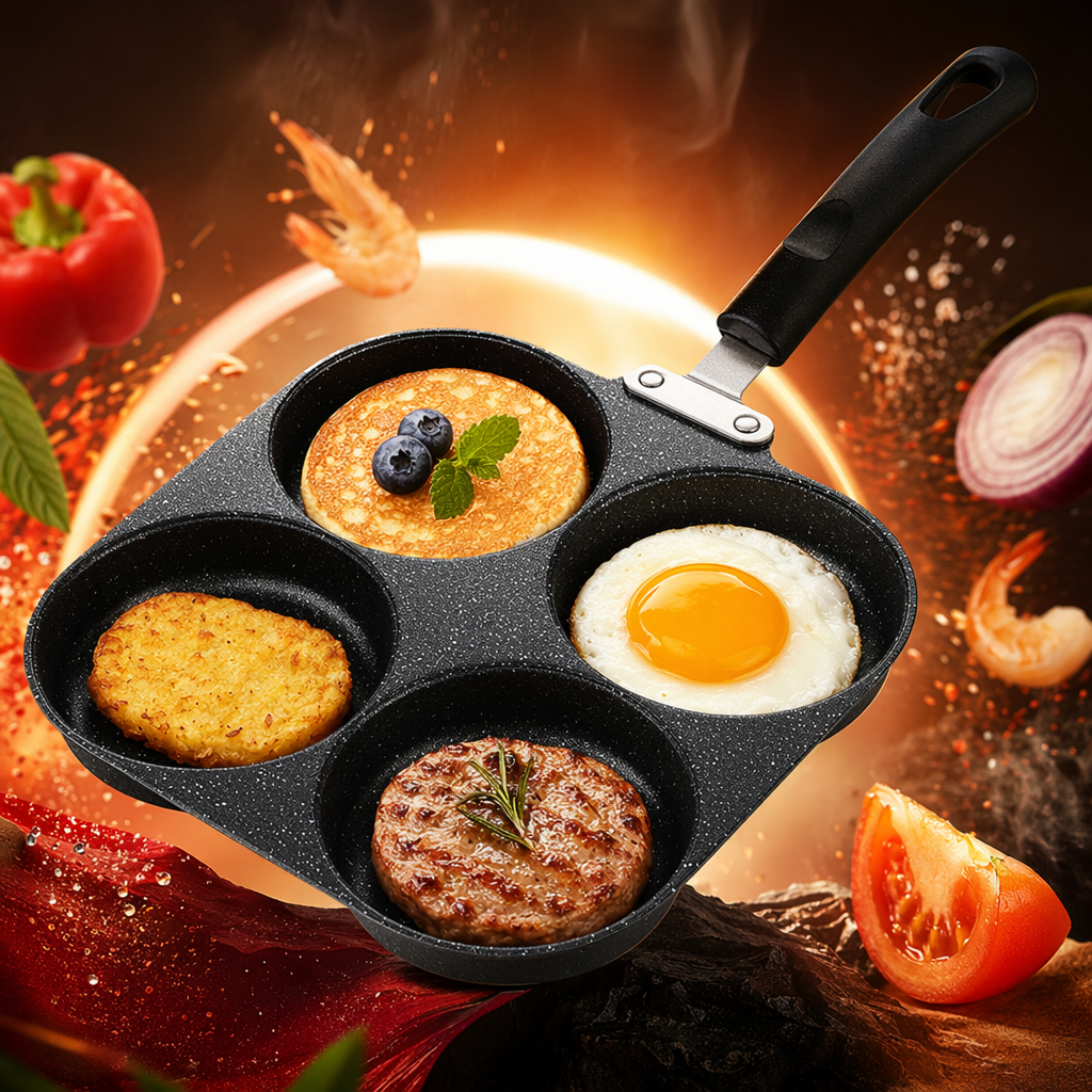 Black four-hole frying pan, non-stick pan, household multi-functional frying and baking pan Specification image