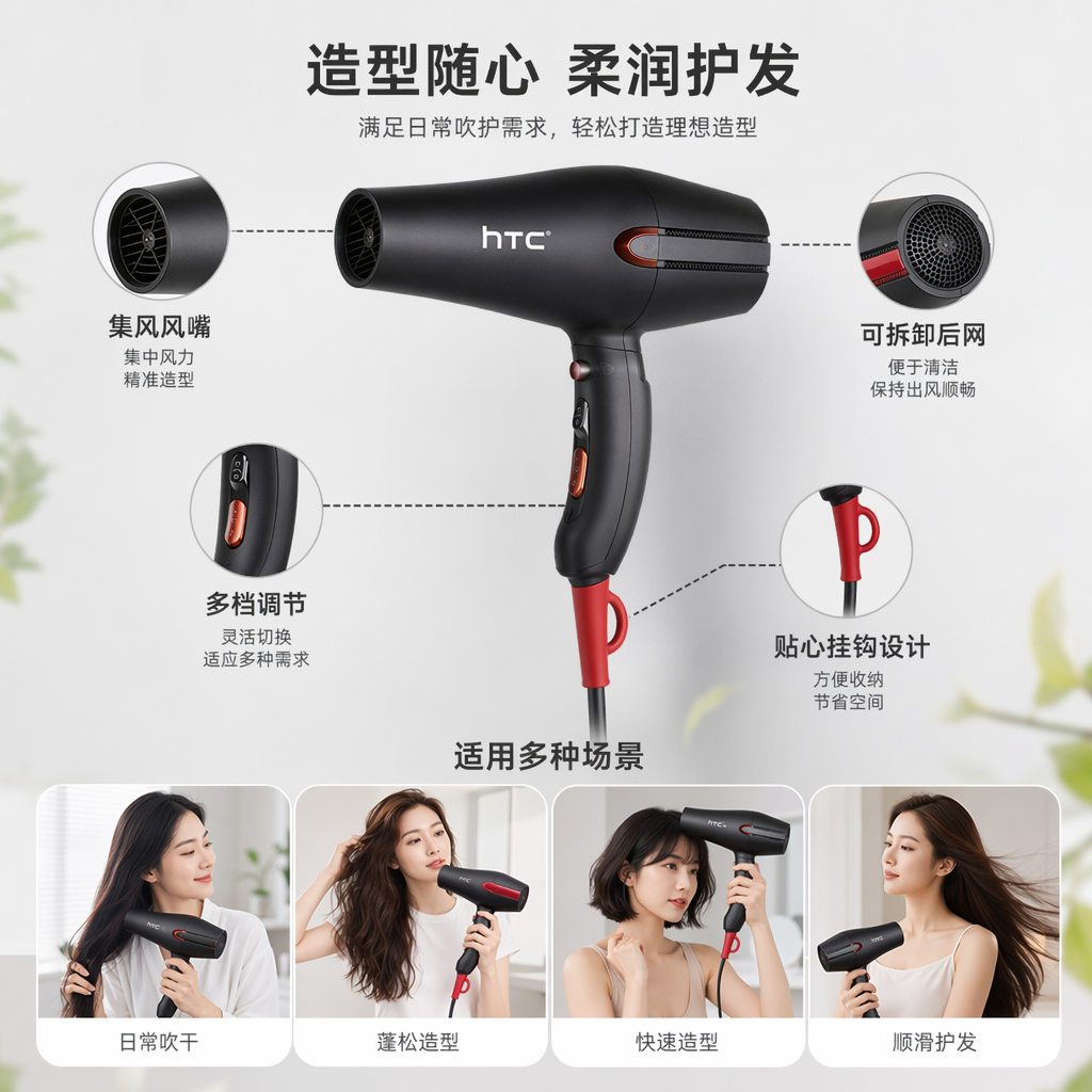 黑色吹风机 家用大功率负离子护发速干静音款