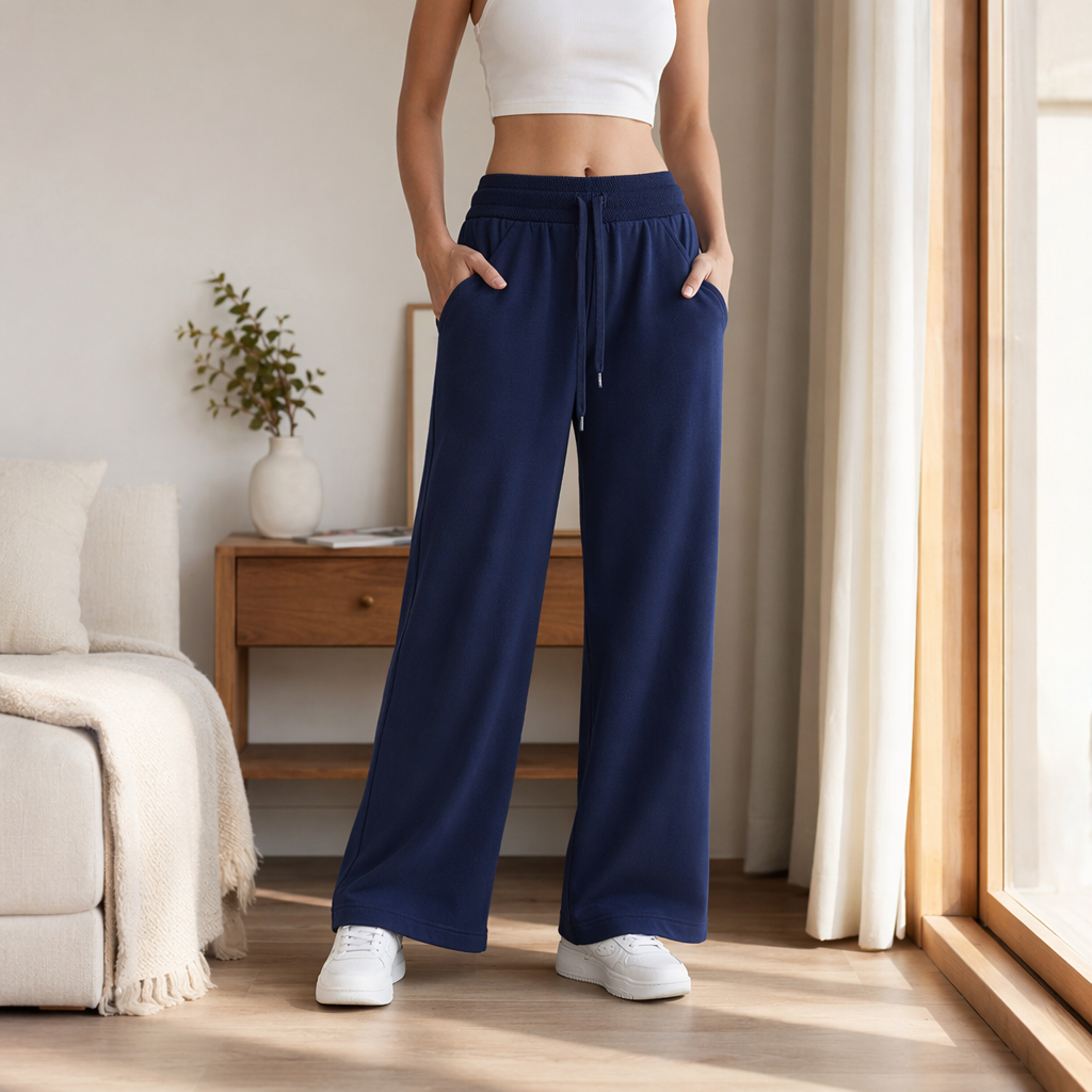 Dark blue sportswear pants for men and women, casual fitness stretch drawstring long pants details Picture