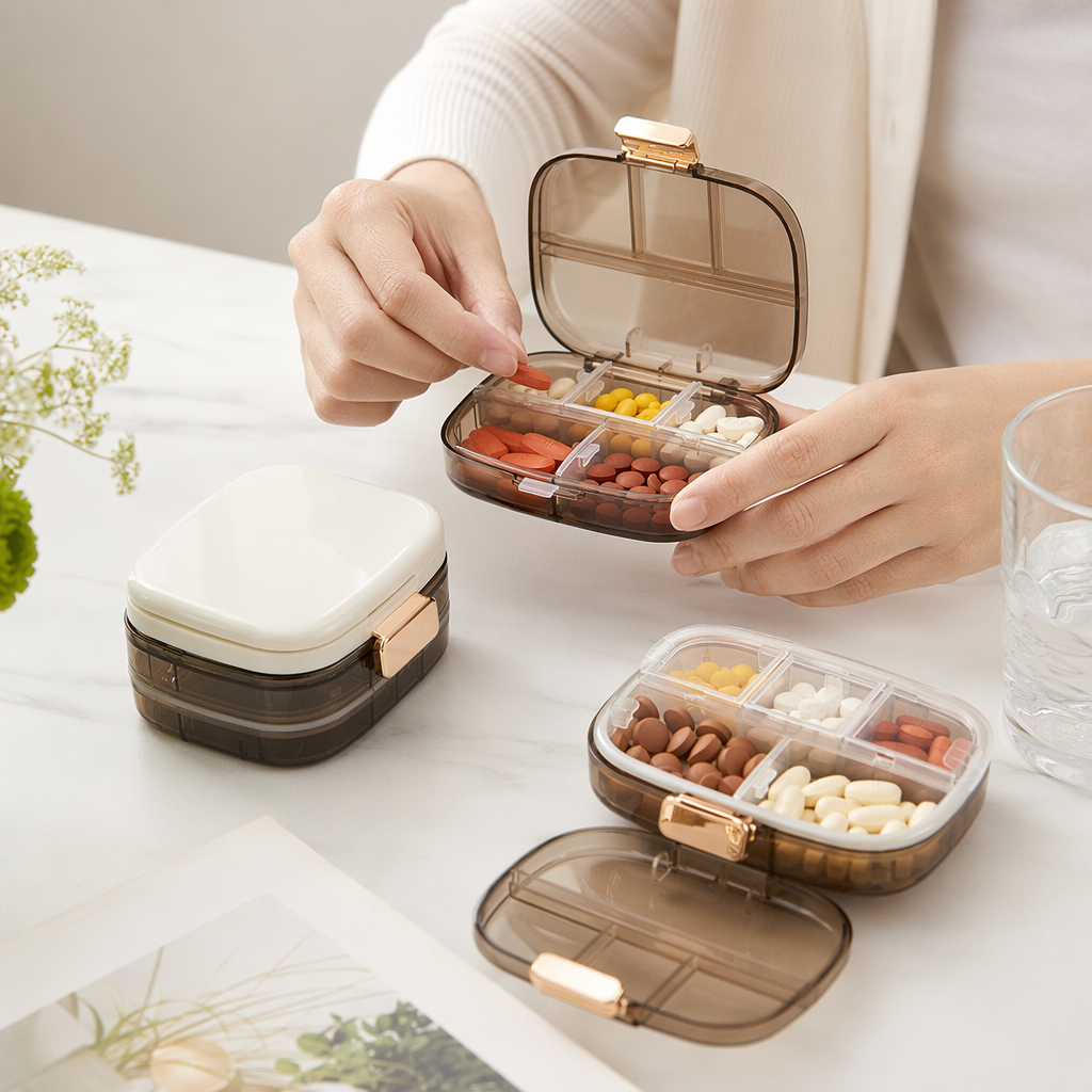 The white portable medicine box has transparent compartments to prevent accidental access and features a hand-held one-click lid opening function details Picture