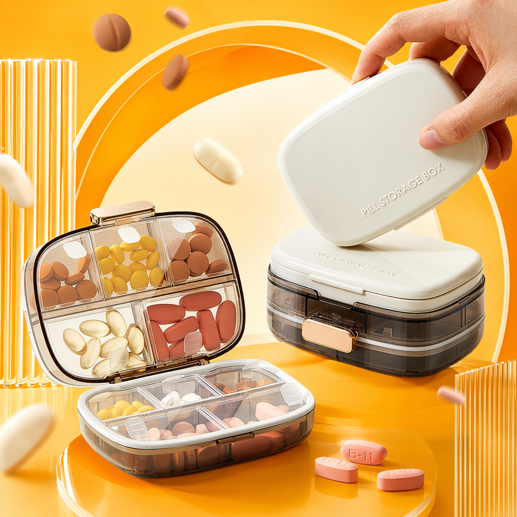 The white portable medicine box has transparent compartments to prevent accidental access and features a hand-held one-click lid opening function Specification image