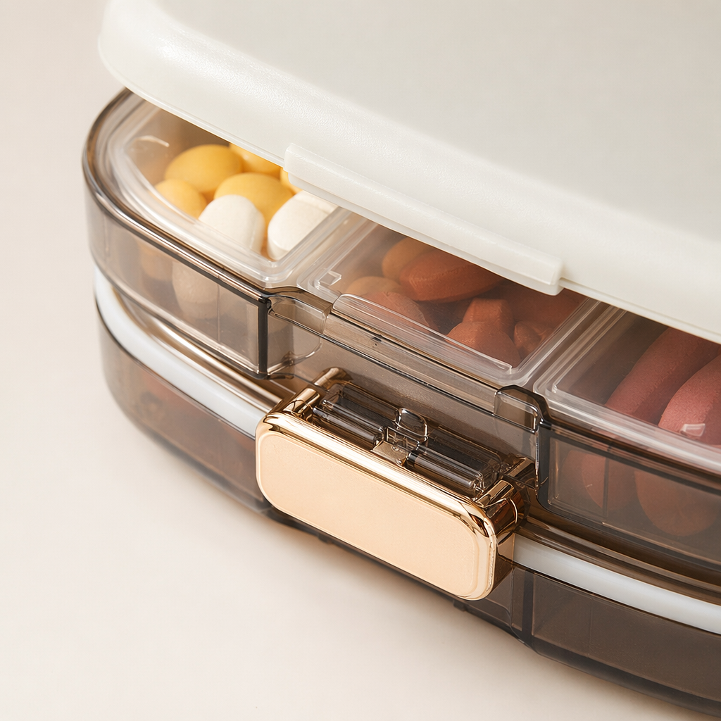 The white portable medicine box has transparent compartments to prevent accidental access and features a hand-held one-click lid opening function Application Scenario