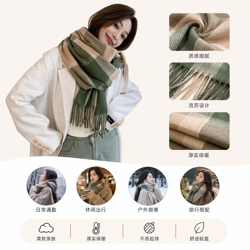 A green checkered scarf for women paired with a white coat is warm, fashionable and versatile for autumn and winter