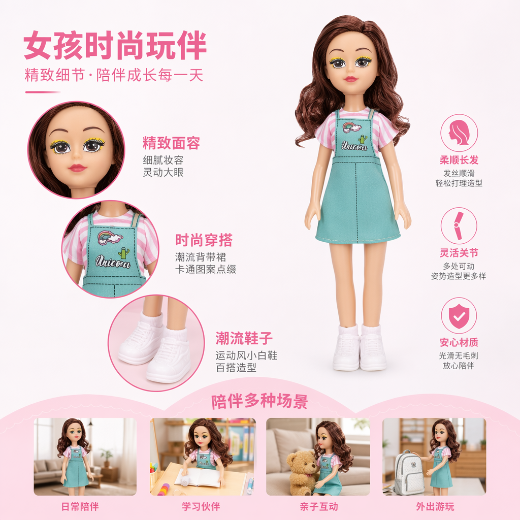 女童棕色长发玩偶透明塑料包装 条纹上衣绿色背带裙白色鞋子