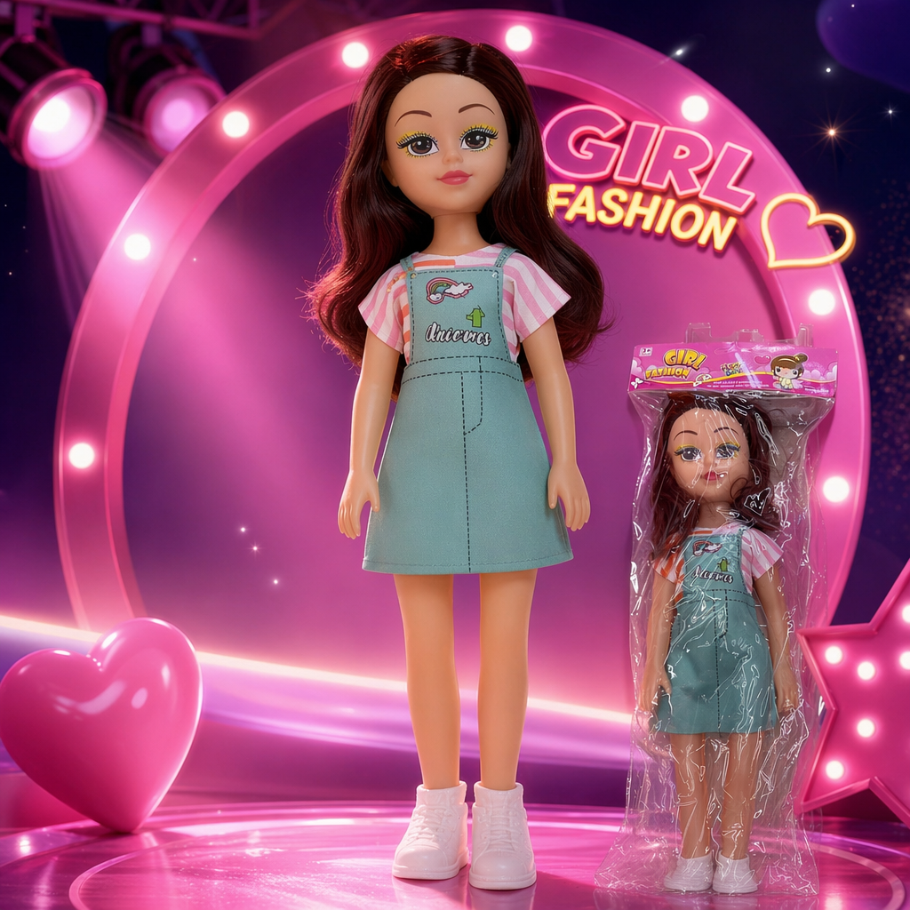 A girl with long brown hair, a doll in transparent plastic packaging, a striped top, a green halter dress and white shoes Specification image