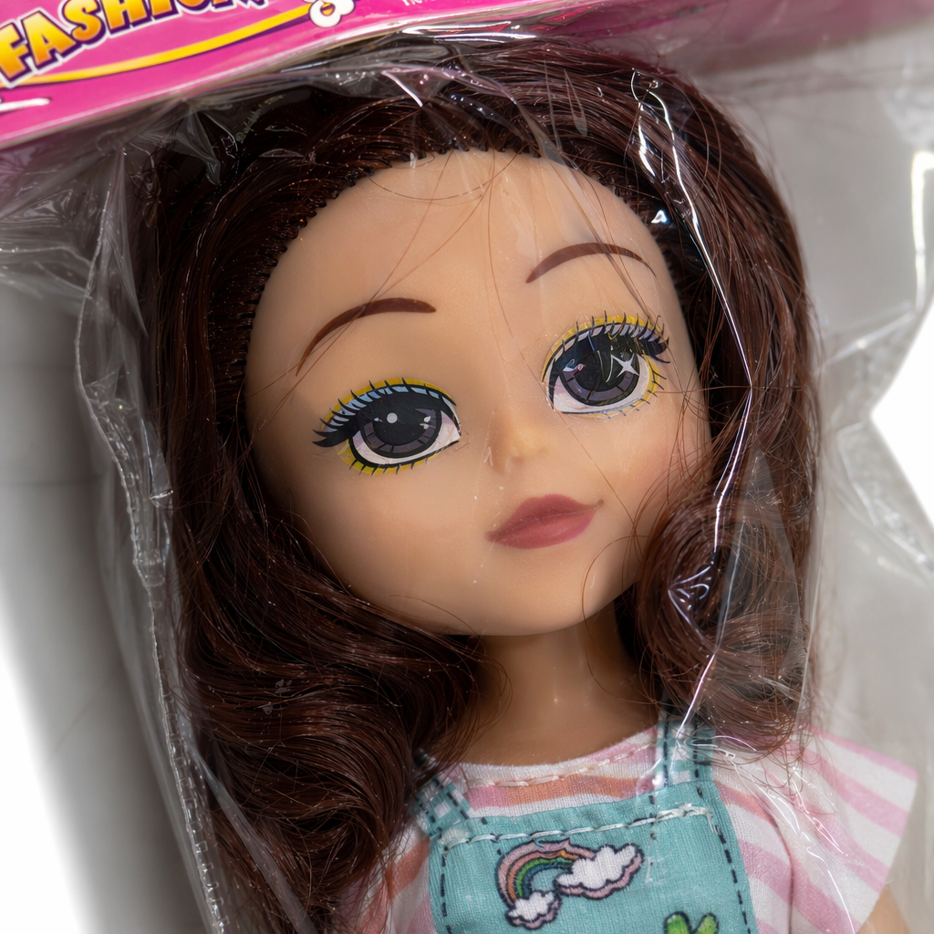 A girl with long brown hair, a doll in transparent plastic packaging, a striped top, a green halter dress and white shoes Application Scenario
