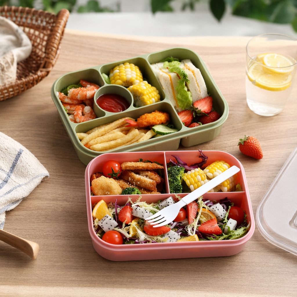 Pink compartments lunch box, fried chicken nuggets, corn salad, green compartments shrimp sandwiches, French fries, light green cartoon stickers, lunch box lid details Picture