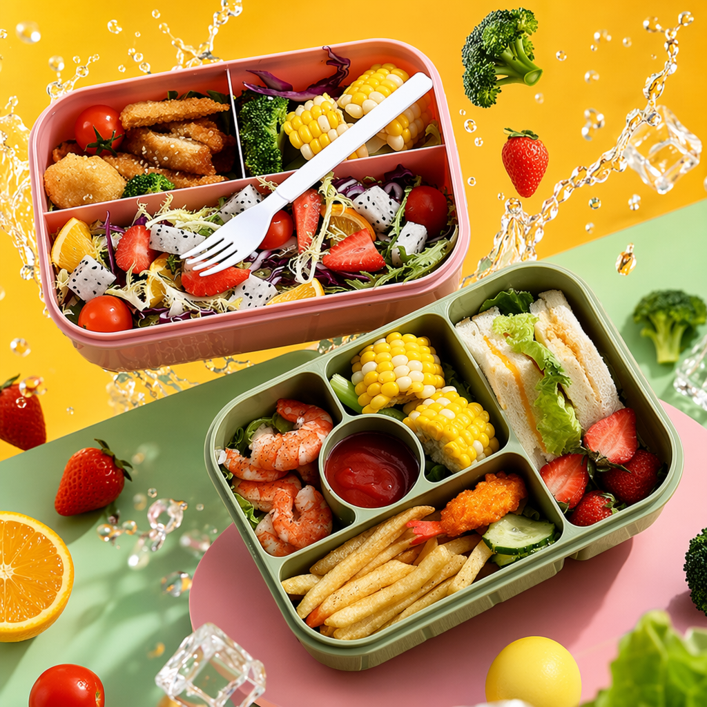 Pink compartments lunch box, fried chicken nuggets, corn salad, green compartments shrimp sandwiches, French fries, light green cartoon stickers, lunch box lid Specification image