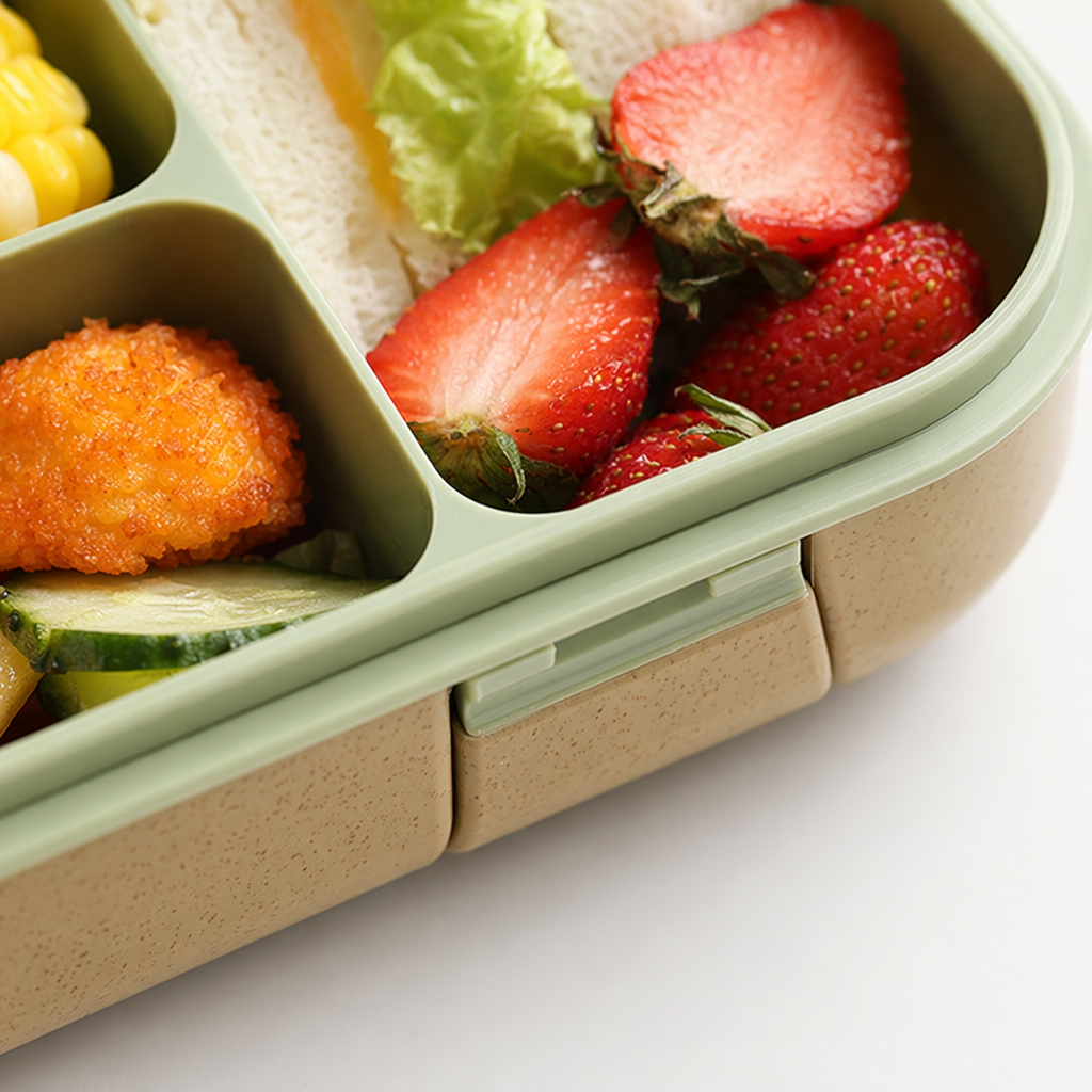 Pink compartments lunch box, fried chicken nuggets, corn salad, green compartments shrimp sandwiches, French fries, light green cartoon stickers, lunch box lid Application Scenario