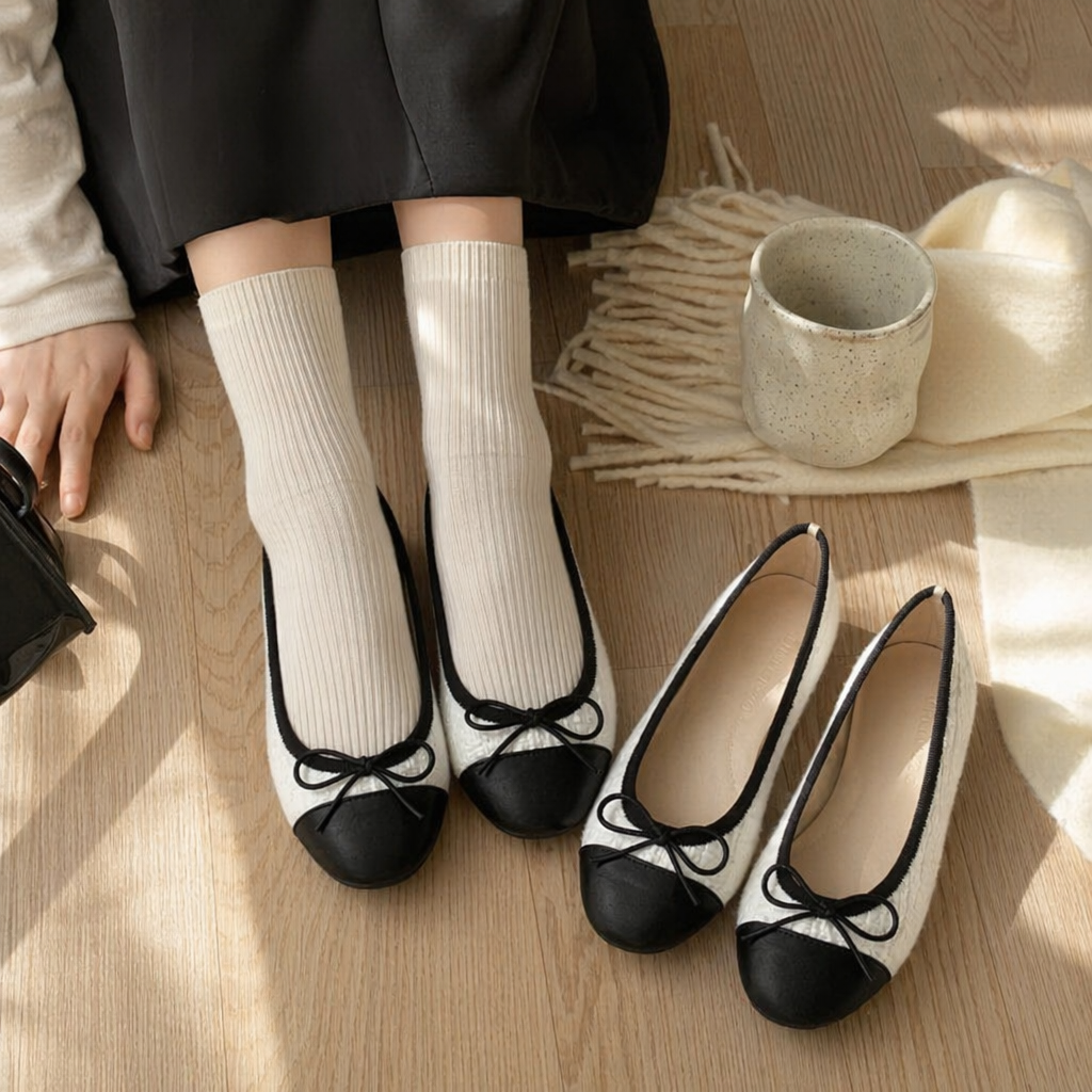 Black and white striped bow flat shoes for women, casual, comfortable and versatile single shoes details Picture