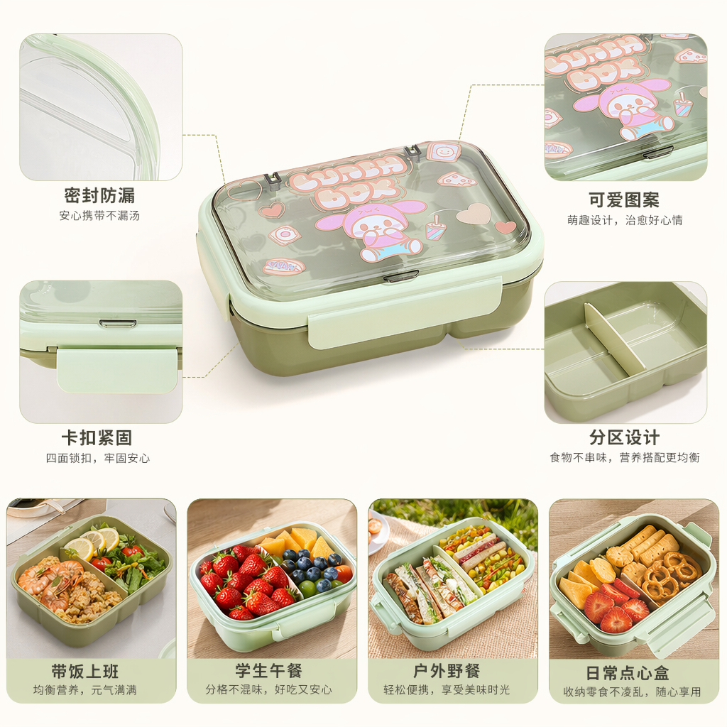 Green cartoon children's lunch box, portable and eco-friendly PP material with lid