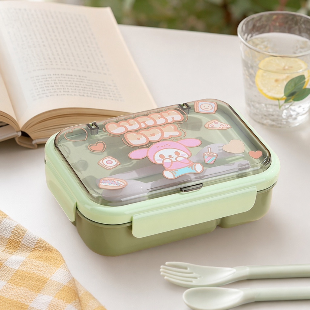 Green cartoon children's lunch box, portable and eco-friendly PP material with lid details Picture