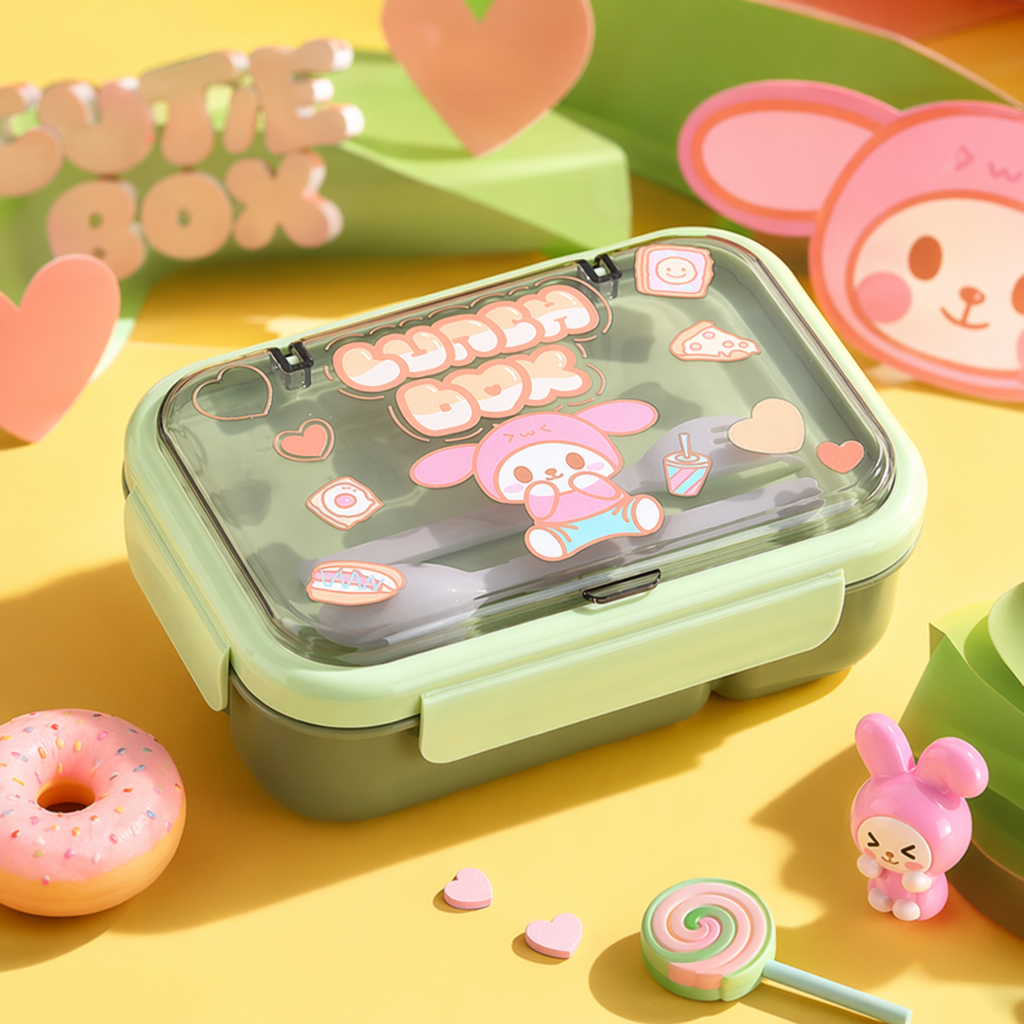 Green cartoon children's lunch box, portable and eco-friendly PP material with lid Specification image
