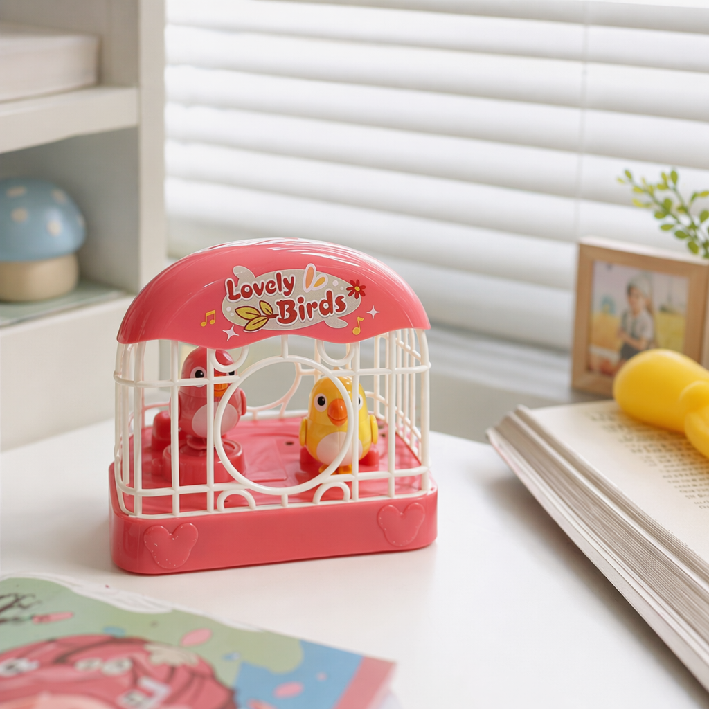 Pink birdcage toy bird set, children's educational pet simulation decoration details Picture