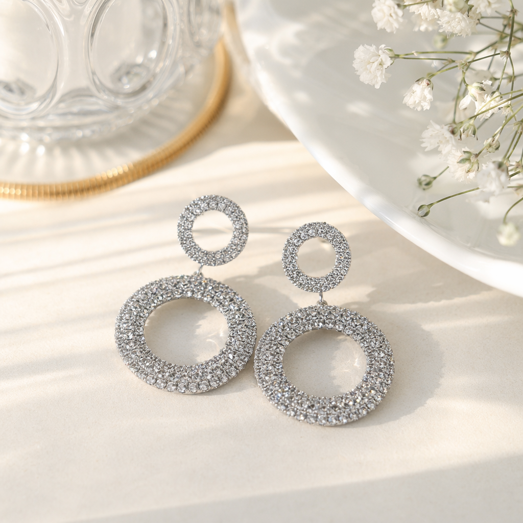 Silver crystal ring earrings, fashionable, simple and versatile women's earrings and accessories, vintage earrings and accessories details Picture