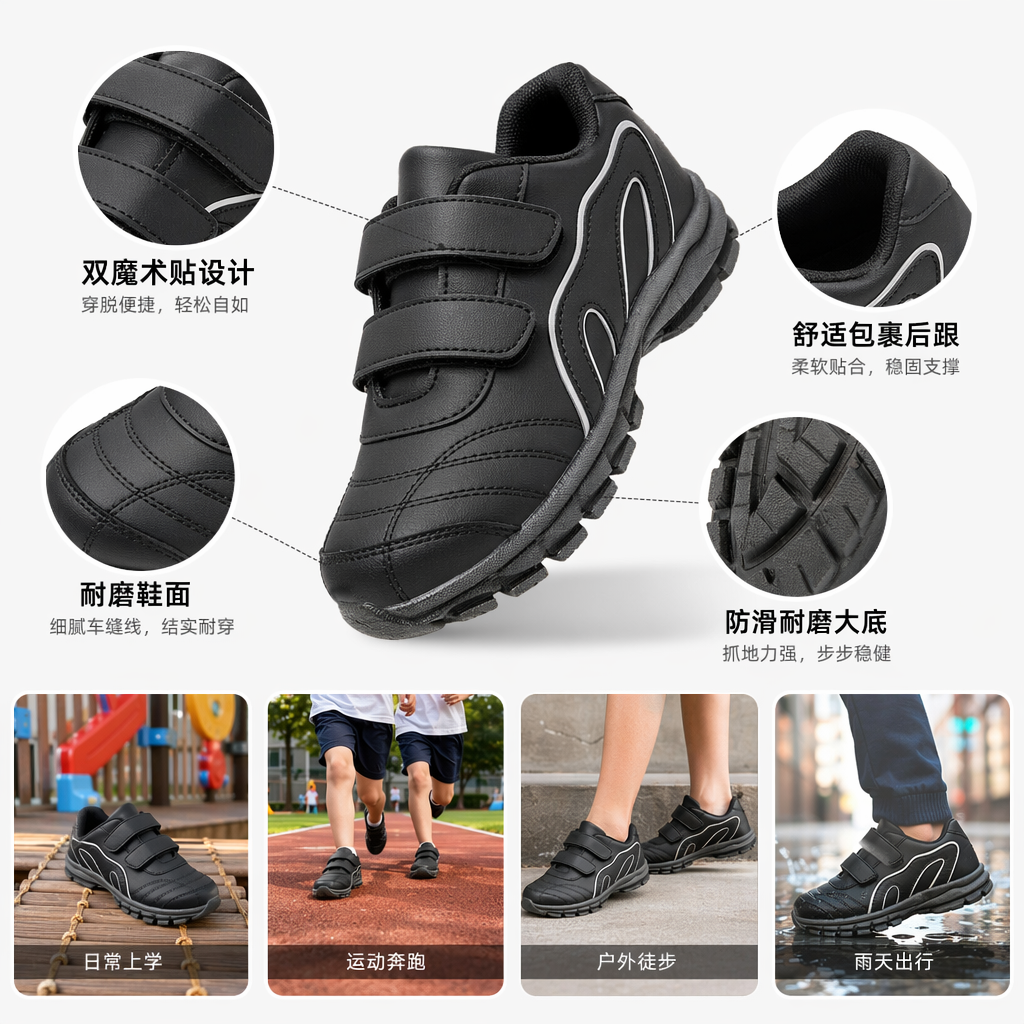 黑色与白色儿童运动鞋透气轻便男童女童休闲跑步鞋