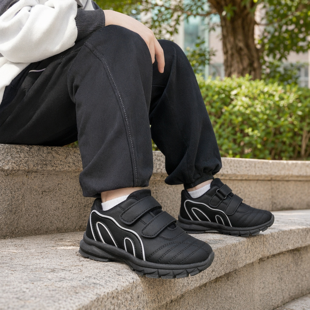Black and white children's sports shoes, breathable and lightweight, casual running shoes for boys and girls details Picture