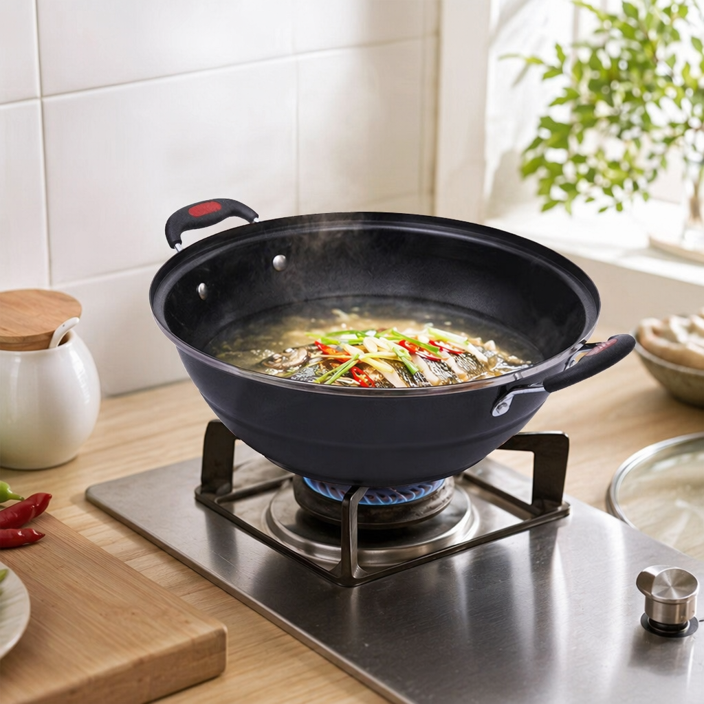 Black non-stick wok, household iron wok without coating, healthy frying, stir-frying and stewing pot details Picture