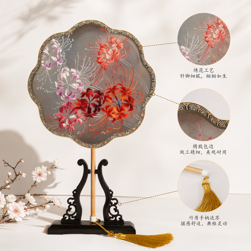彩色刺绣团扇手工制作传统中式舞蹈扇子装饰摆件