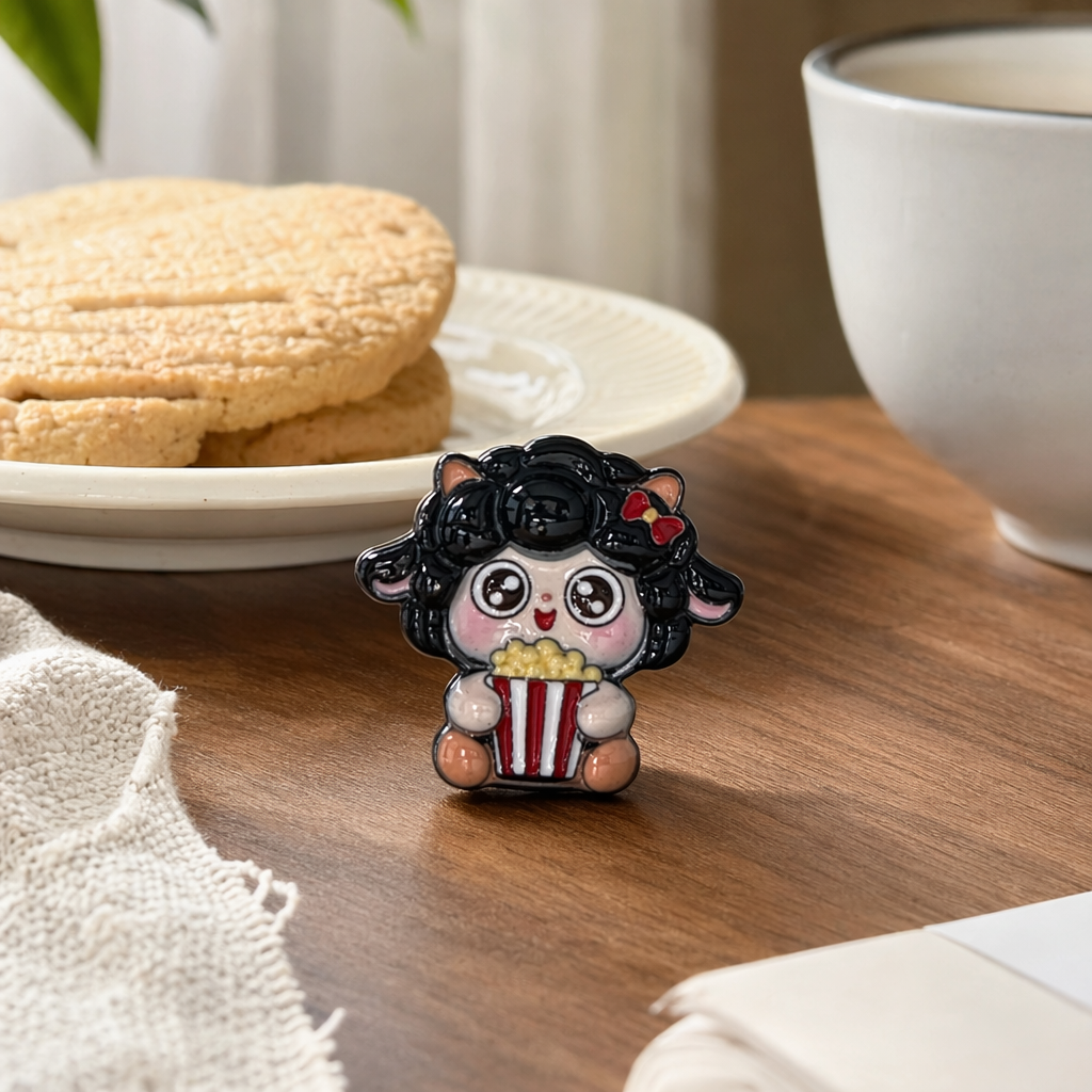 A black-haired cartoon lamb holding a red and white striped popcorn bucket plush toy details Picture