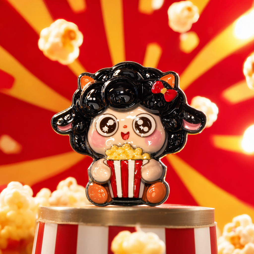 A black-haired cartoon lamb holding a red and white striped popcorn bucket plush toy Specification image
