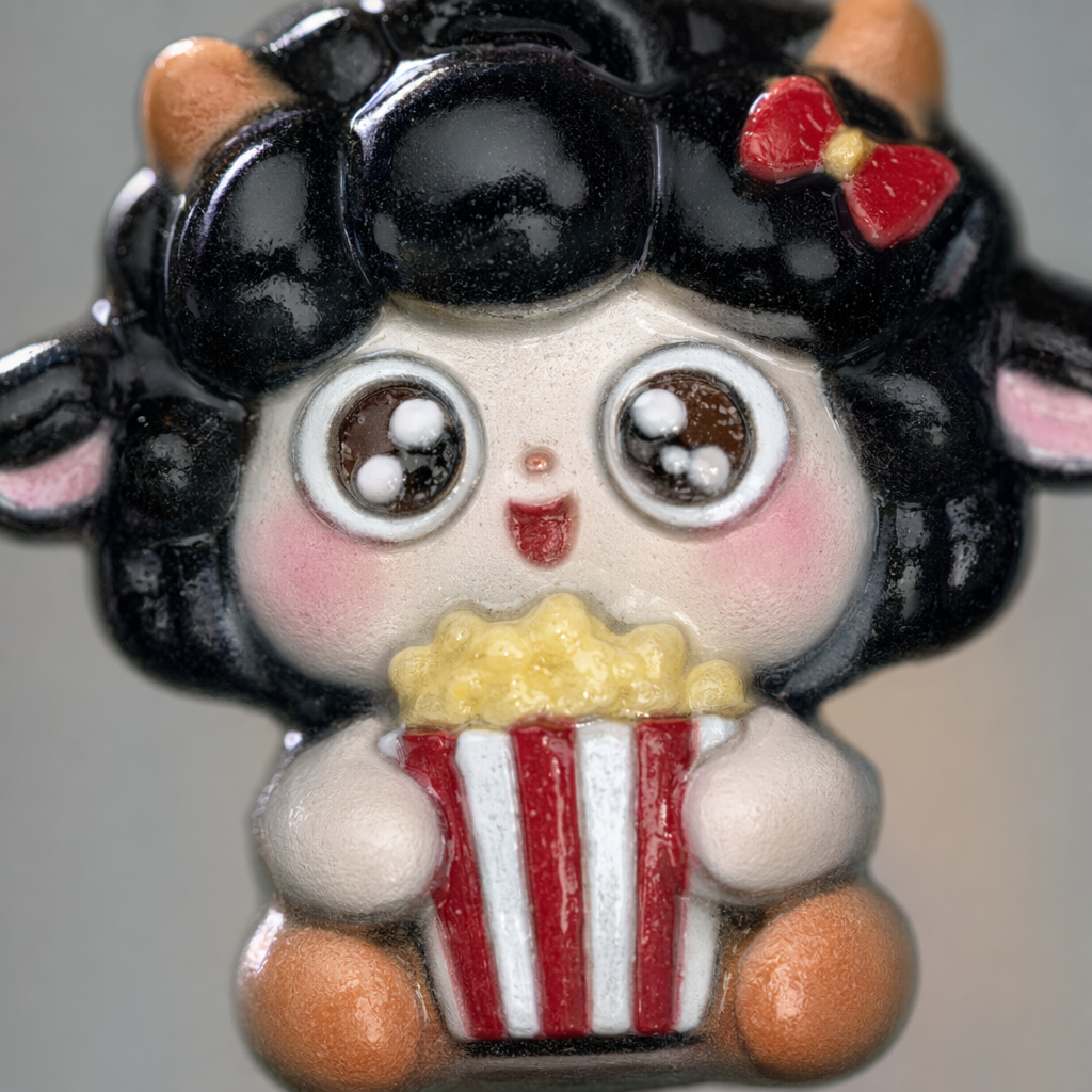 A black-haired cartoon lamb holding a red and white striped popcorn bucket plush toy Application Scenario