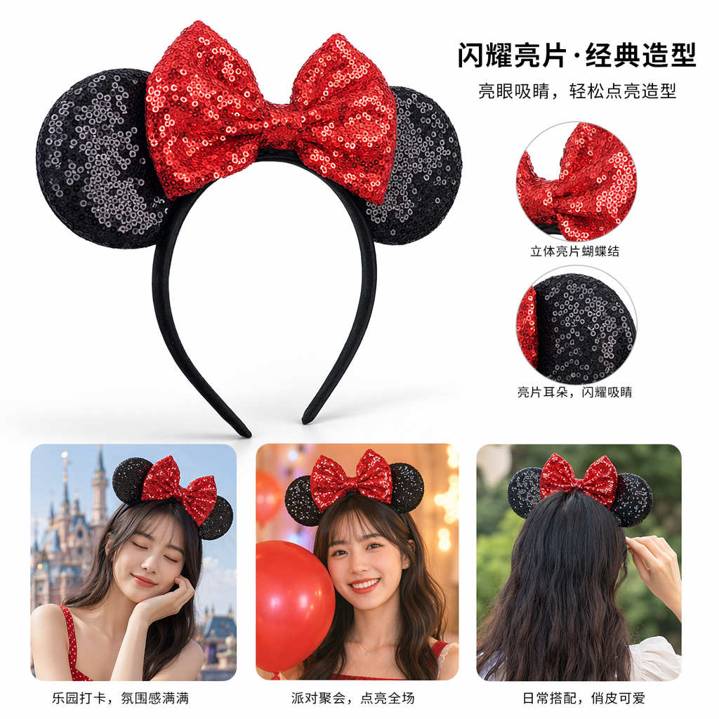 Minnie ear-shaped red sequined bow headband girls' party headwear