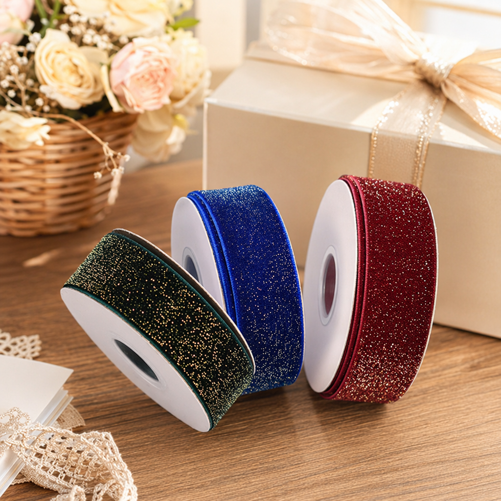 Colorful sequined velvet ribbon and rolled ribbon decoration for DIY gift packaging by hand details Picture