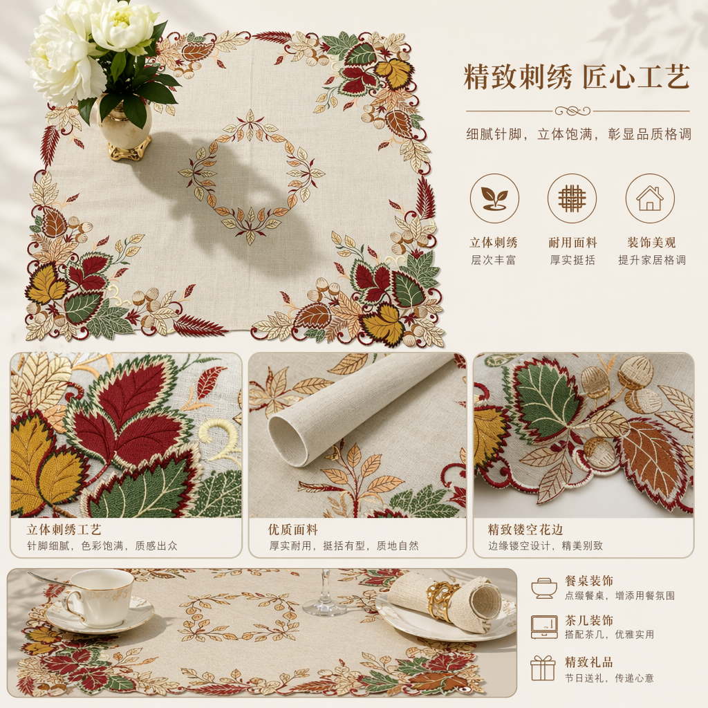 Autumn leaf-patterned cotton and linen tablecloth, Nordic-style living room dining table decoration fabric