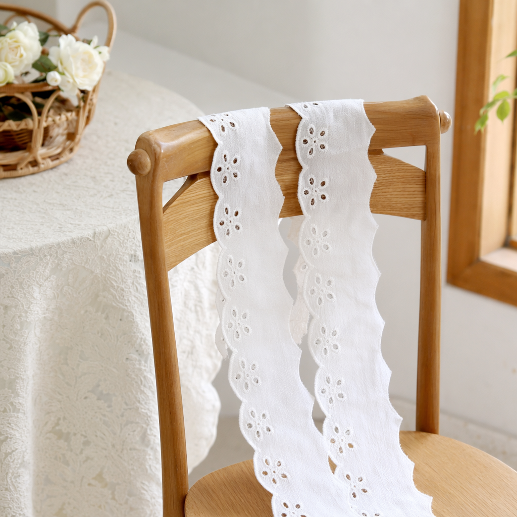White hollowed-out lace fabric, cotton and linen blend hand-embroidered decorative fabric, DIY cutting fabric details Picture