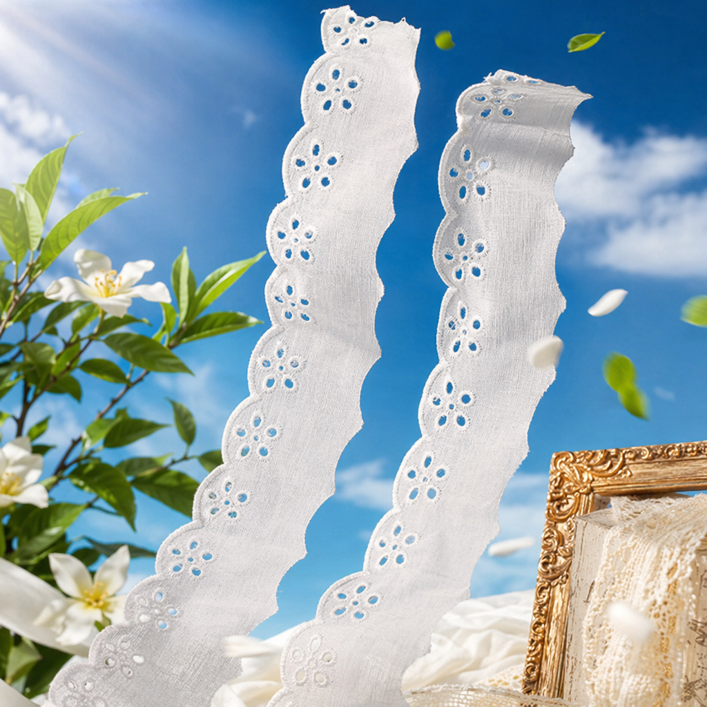 White hollowed-out lace fabric, cotton and linen blend hand-embroidered decorative fabric, DIY cutting fabric Specification image